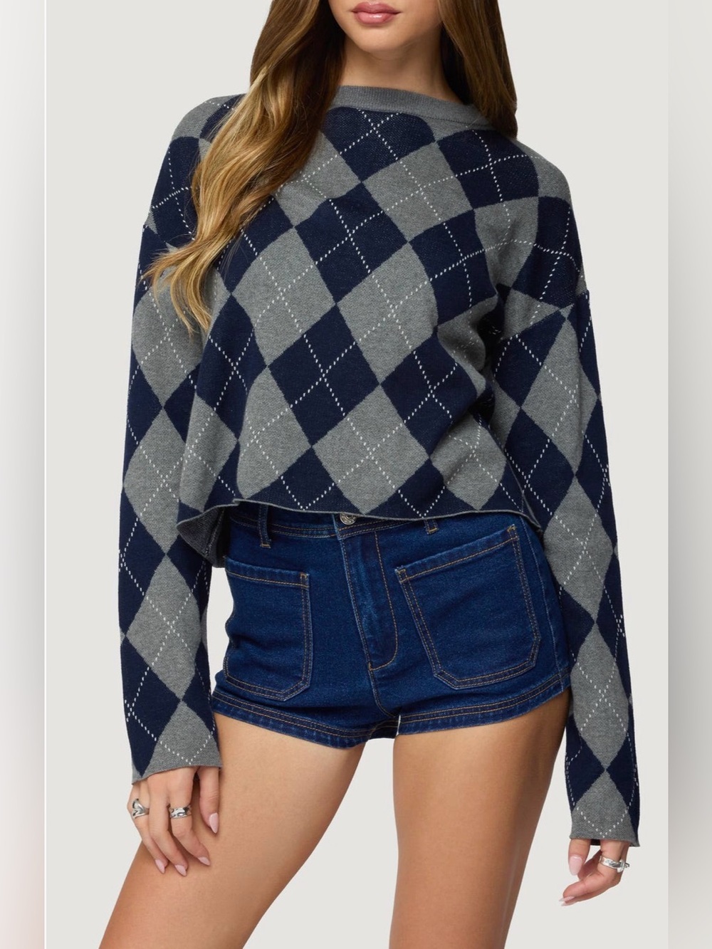 NWT Edikted Prep Argyle Crop Cotton Sweater  - Navy & Gray - M